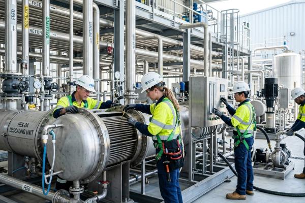 Marine boiler chemical descaling unit connected to cooling lines